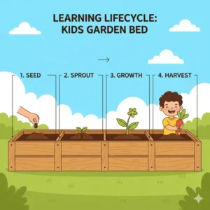 Educational illustration showing a seed sprouting into a plant inside a kids garden bed.