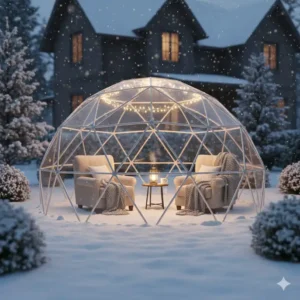 An insulated white pet igloo for outside designed as a shelter for a dog.