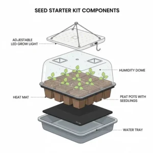 Detailed diagram showing all the essential components included in a seed starter kit with light.