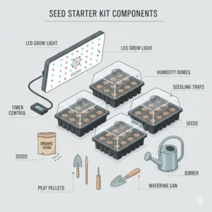 An exploded view showing all individual parts of a professional seed starter kit with grow light.