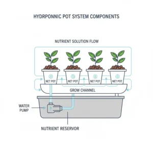 Detailed diagram showing the components of a hydroponic pot system including reservoir pump and net pots.