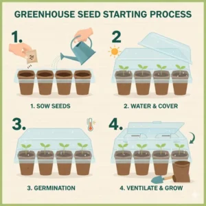 A step-by-step infographic showing how to use a greenhouse seed starter for vegetable gardening.