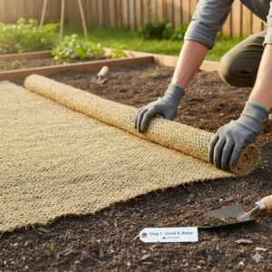 Person unrolling a pre-seeded grass seed mat over prepared garden soil.
