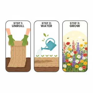 A simple three-step illustration showing how to unroll, water, and grow a roll out garden.