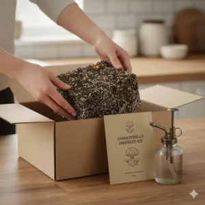 Hands unboxing a new chanterelle mushroom growing kit including organic substrate and a misting bottle.