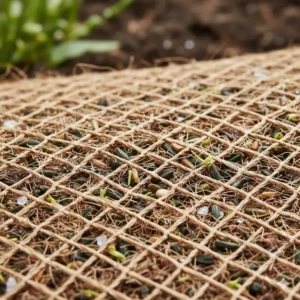 Close-up view of a seed mat showing embedded seeds and biodegradable fabric.