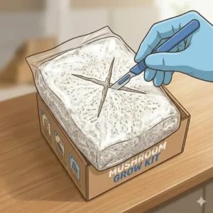 A person cutting an X shape into the plastic of a diy mushroom grow kit to start growth.