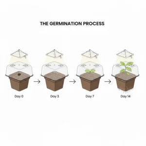 Illustration of the multi-day germination stages of plants using a seed starter kit with light.