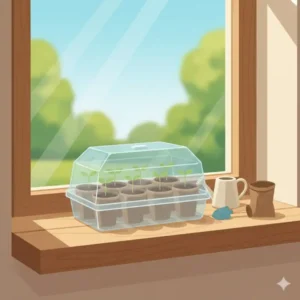 A compact indoor mini greenhouse seed starter placed on a sunny windowsill for natural light.