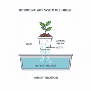 Illustration of the nutrient solution flow within a passive hydroponic pot system using a wick mechanism