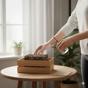 A person setting up a chanterelle mushroom growing kit on a kitchen table for indoor cultivation.