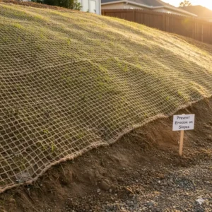 A seed mat secured on a slope to prevent soil erosion during grass growth.