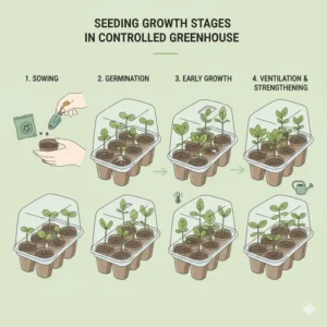 Educational diagram showing different seedling growth stages inside a greenhouse seed starter.