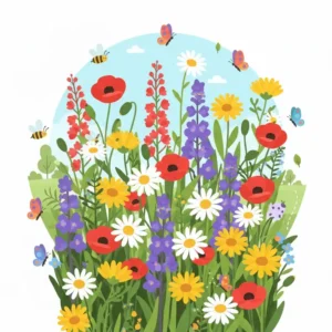 A colorful garden illustration of bees and butterflies pollinating a blooming roll out garden.