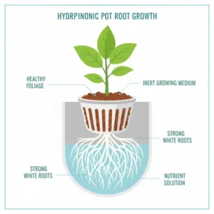 Cross-section illustration of healthy white plant roots growing inside a hydroponic pot system