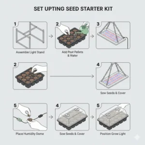 Step-by-step instructions on how to properly assemble your seed starter kit with grow light.