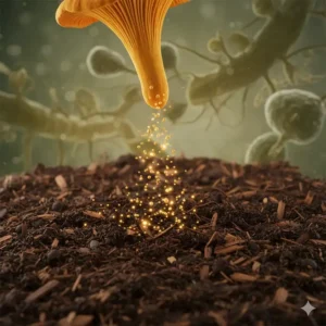 Close-up illustration of spores and mycelium developing within a chanterelle mushroom growing kit substrate.