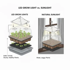 Comparison between weak plants grown in a window versus healthy plants in a seed starter kit with light.