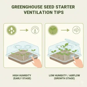 Visual instructions on how to adjust the top vents of a greenhouse seed starter for humidity control.