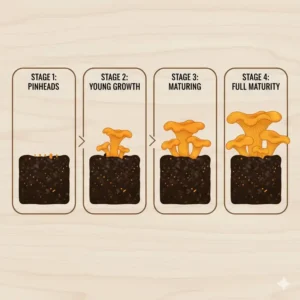 Infographic showing the four stages of growth for a chanterelle mushroom growing kit from pinheads to maturity.