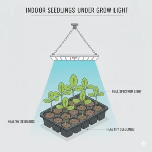 Young plants flourishing under the full-spectrum LEDs of a seed starter kit with grow light.