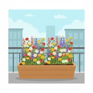 An illustration of a wooden balcony planter box featuring a perfectly fitted roll out garden.
