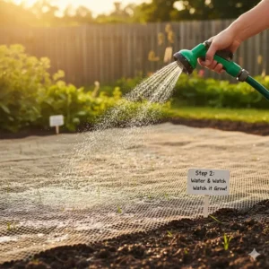 A garden hose watering a freshly laid seed mat to activate germination.