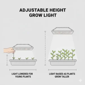 Demonstrating the adjustable height feature of the seed starter kit with grow light for different growth stages.