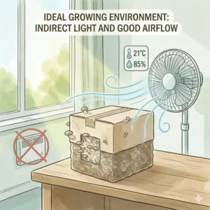 A diy mushroom grow kit placed in a spot with indirect light and good ventilation.