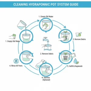 Step-by-step illustration showing how to clean and maintain a home hydroponic pot system.