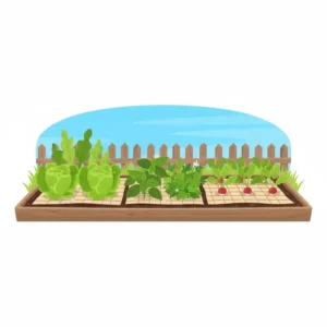 A vegetable patch illustration showcasing fresh lettuce and herbs growing from a roll out garden.