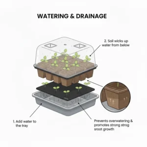 Illustration of the proper bottom-watering and drainage technique for a seed starter kit with light.