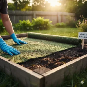 A wildflower seed mat being placed in a garden bed for easy planting.
