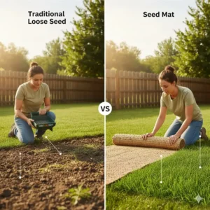 A side-by-side illustration comparing a seed mat to traditional loose seed spreading.
