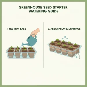 Detailed watering guide for a greenhouse seed starter tray using the bottom-fill method.