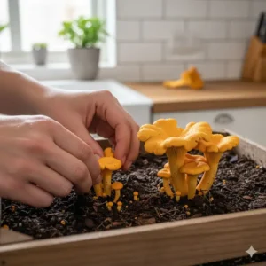 A gardener carefully harvesting fresh mushrooms from an indoor chanterelle mushroom growing kit.