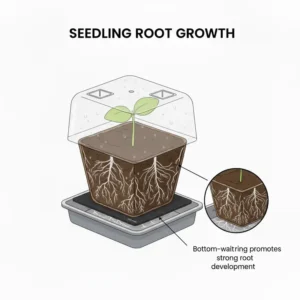 Close-up cross-section of healthy seedling root development inside a seed starter kit with light.