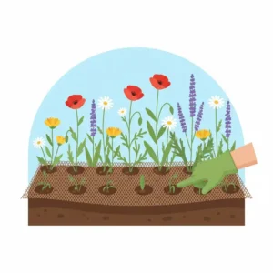 An educational illustration showing how the mat of a roll out garden effectively suppresses weeds.