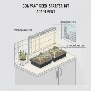 A compact seed starter kit with grow light being used for urban gardening in a small apartment kitchen.