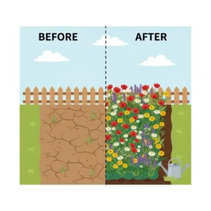 A before and after comparison showing a bare soil patch transformed into a full roll out garden.
