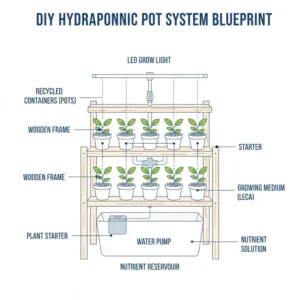 Simple blueprint for building a DIY hydroponic pot system using recycled materials and basic grow lights.