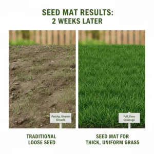 Uniform and thick grass coverage achieved after using a seed mat for two weeks.