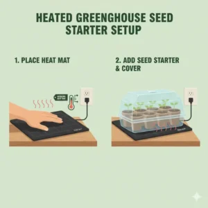 An electric heat mat placed underneath a greenhouse seed starter to accelerate germination.