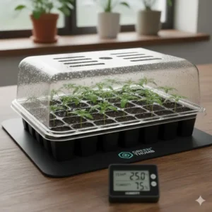 Young green seedlings growing under a clear humidity dome in a germination kit for weed.