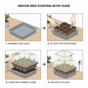 Step-by-step assembly and placement guide for a new indoor seed starter kit with light.