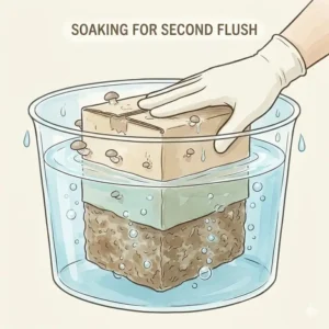 Submerging the substrate of a diy mushroom grow kit in water for a second flush.