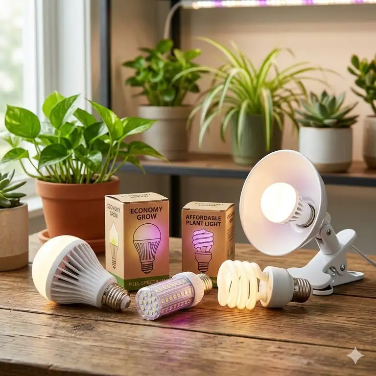 A variety of cheap grow bulbs including LED and CFL options displayed on a wooden table for indoor gardening.