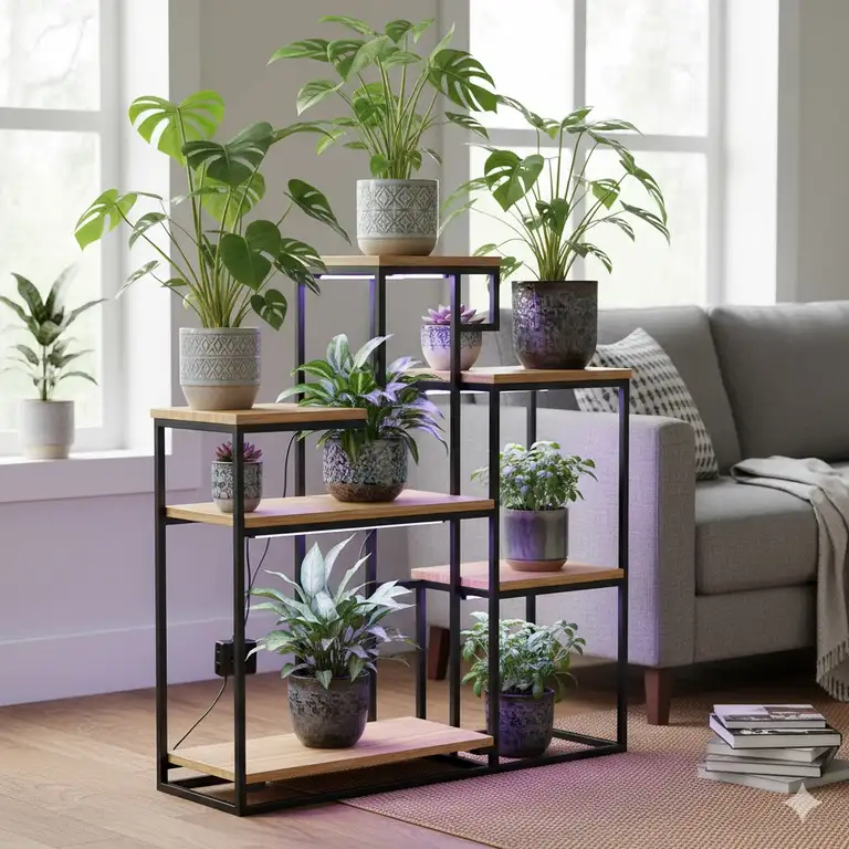 A modern featured image showcasing the best plant stand with grow lights in a bright, contemporary living room setting.