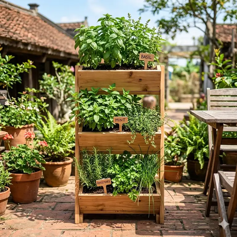 A beautiful wooden 3 tier herb planter filled with fresh basil and mint on a sunny patio.