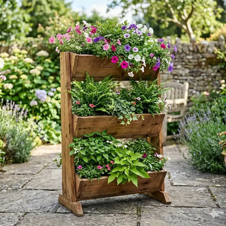 A beautiful wooden 3 tier planter outdoor on a stone patio filled with blooming colorful petunias and lush green ferns.